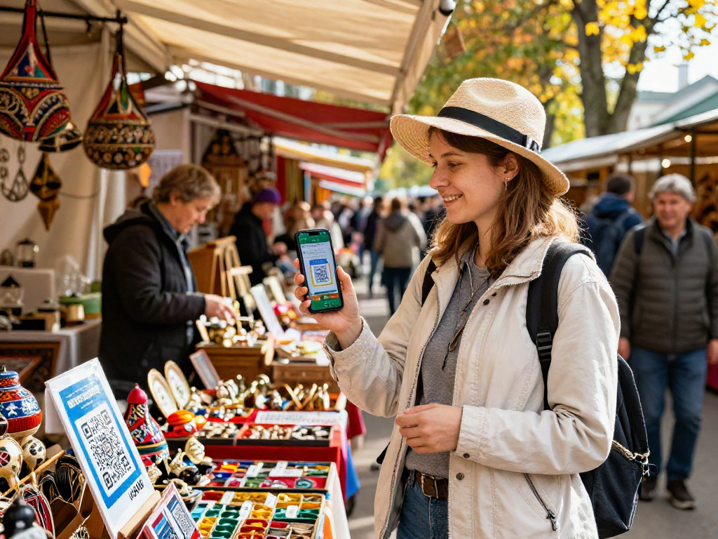 Yerli pazarın renkli tezgahlarında mobil uygulama ile ödeme yapan bir turist, https://payinrussia.com/ ile Rusya'da alışverişin keyfini yaşıyor.